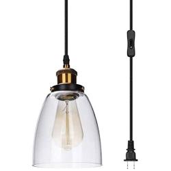 Pendant Light with Plug in 15Ft Braided Cord and Switch Rustic Hanging Lamp with Strong Glass Shade Vintage Bronze Swag Lighting for Kitchen Island Dining Room Bar Counter(1 Light)