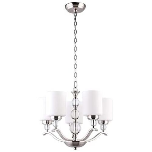 CO-Z 5 Light Brushed Nickel Chandelier, Contemporary Ceiling Light Fixture with Decorative K9 Crystal Ball and Satin Etched Cased Opal Glass Shade, Modern Chandelier Lighting for Dining Room