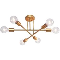 Mid Century Modern 6 Light Fxitures, Palacelantern Semi Flush Ceiling Light Contemporary Sputnik Chandelier Gold Lighting for Dining Room Farmhouse Kitchen Bedroom and Foyer