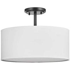 15'' 2 Light White Fabric Drum Shade semi Flush Mount Ceiling Led Light PS Diffuser with Painting Black Finish, Chandeliers Shade for Bar, Dining Room.