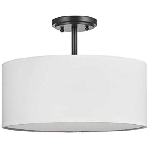 15'' 2 Light White Fabric Drum Shade semi Flush Mount Ceiling Led Light PS Diffuser with Painting Black Finish, Chandeliers Shade for Bar, Dining Room.