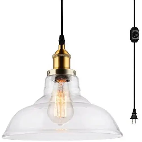 HMVPL Industrial Plug in Edison Pendant Light, Rustic Mini Swag Hanging Lighting Fixture with Clear Glass Shade for Kitchen Island Dining Room Living Room Bedroom Hallway