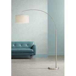 Cora Modern Arc Floor Lamp Brushed Steel Off White Linen Drum Shade for Living Room Reading Bedroom Office - 360 Lighting