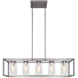 FIMITECH Chandeliers Contemporary Rectangle 5-Light Dining Room Lighting, Adjustable Rods, Fixtures Hanging, Ceiling Light Kitchen Island Cage Pendant Lights with Glass Shade (Brushed Nickel)