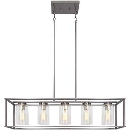 FIMITECH Chandeliers Contemporary Rectangle 5-Light Dining Room Lighting, Adjustable Rods, Fixtures Hanging, Ceiling Light Kitchen Island Cage Pendant Lights with Glass Shade (Brushed Nickel)