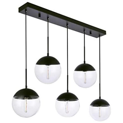 Kitchen Pendant Light with Sphere 5-Light, A1A9 Modern Industrial Glass Ball Globe Ceiling Lights Fitting, E26 LED Chandelier Lamp Fixture for Kitchen Island, Bar, Dining Room, Counter, Cafe (Black)