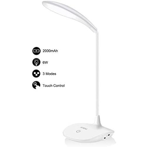 Multifunctional Led Desk Lamp with 2000mAh Rechargeable Battery,6W Brightness, 3 Lighting Mode, Flexible Gooseneck, Touch Control, Eye-Caring Dorm Study Office Bedroom Lamp with Adapter