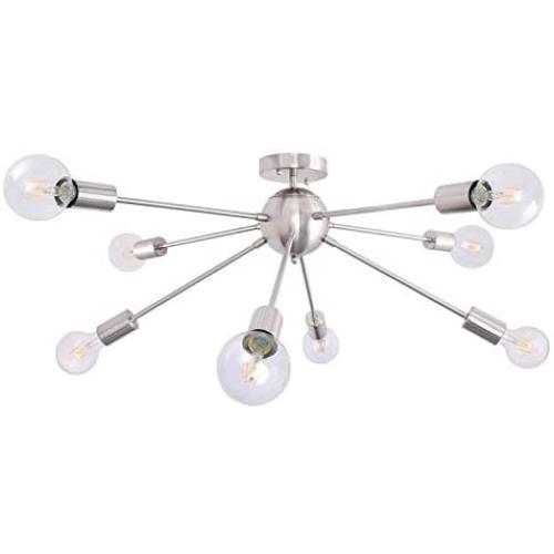 KOSTOMO 8 Lights Modern Light Fixture Nickel Sputnik Chandelier Semi Flush Mount Ceiling Light Industrial Pendant Lighting Fixtures for Dining Bedroom Kitchen Living Room (8C Lights-Nickel）