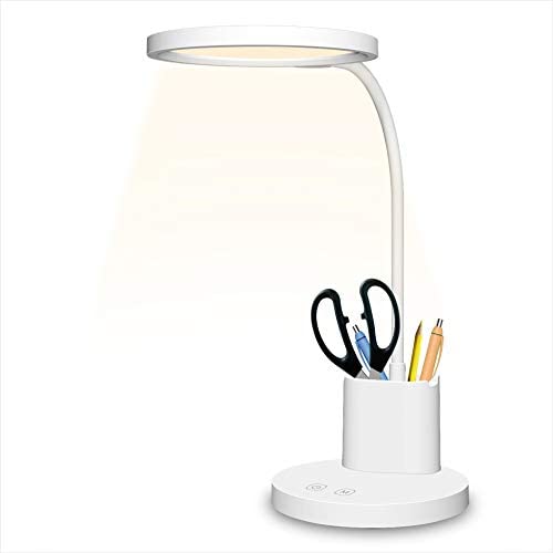 Rechargeable LED Desk Lamp, Touch Control Table Lamps with Flexible Gooseneck, Pen Holder, Memory Function, Comzler Dimmable Reading Table Lamp with 3 Color Temperature Mode（Battery Included）