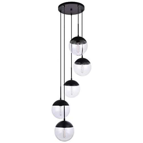 A1A9 Pendant Lights with Sphere 5-Light, Modern Industrial Clear Glass Ball Globe Ceiling Light Fitting, E26 LED Chandelier Lamp Fixture for Kitchen Island, Bar, Dining Room, Counter, Cafe (Black)