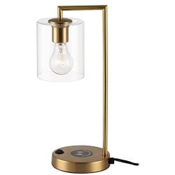 Desk Lamp Wireless Charging Pad and USB Port Charge Mobile Phones Living Room Table Light for Midcentury, Office Industrial & Farmhouse Decor - Hanging Glass Shade Gold