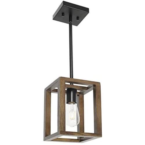 VINLUZ 1-Light Wood Pendant Lighting Rustic Style Black Walnut Natural Wooden Frame Farmhouse Kitchen Island Chandeliers Hanging Lamp for Dining Room Foyer Entryway Hallway