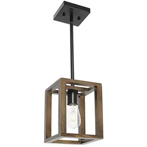 VINLUZ 1-Light Wood Pendant Lighting Rustic Style Black Walnut Natural Wooden Frame Farmhouse Kitchen Island Chandeliers Hanging Lamp for Dining Room Foyer Entryway Hallway