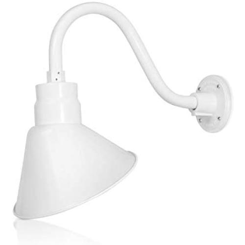 10in. White Outdoor Angle Shade Gooseneck Sign Light Fixture with 14.5 in. Long Extension Arm - Wall Sconce Farmhouse, Vintage, Antique Style - UL Listed - 9W 900lm A19 LED Bulb (5000K Cool White)