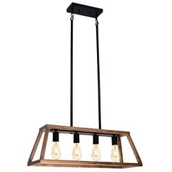 GZBtech Farmhouse Dining Room Lights, 4-Light Metal & Wood Rustic Linear Chandeliers in Black Finish, 120V 39.35 Height Adjustable Vintage Pendant Lighting Fixture for Kitchen Island Over the Tablle