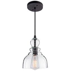 LANROS Industrial Mini Pendant Lighting with Handblown Clear Seeded Glass Shade, Adjustable Cord Farmhouse Lamp Ceiling Pendant Light Fixture for Kitchen Island Restaurant Kitchen Sink, Black, 1 Pack