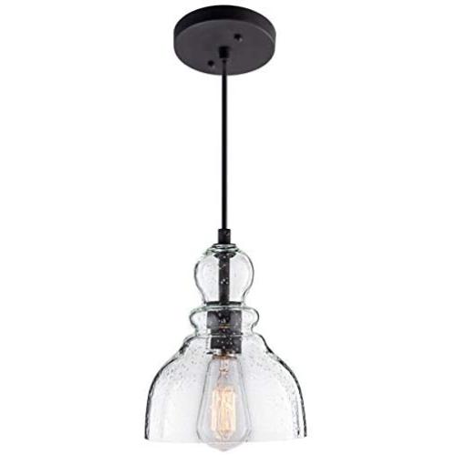 LANROS Industrial Mini Pendant Lighting with Handblown Clear Seeded Glass Shade, Adjustable Cord Farmhouse Lamp Ceiling Pendant Light Fixture for Kitchen Island Restaurant Kitchen Sink, Black, 1 Pack