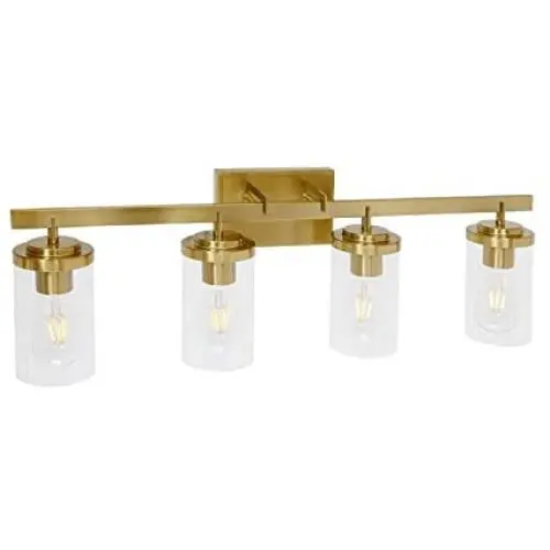 BONLICHT Farmhouse Vanity Light Brushed Brass 4 Light Bath Wall Lighting Fixture Modern Sconce Wall Mounted Lamp Clear Glass Shade for Hallway Dining Room Bathroom