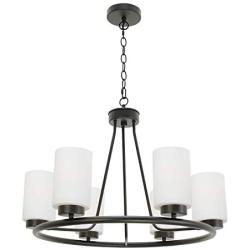 TODOLUZ 6-Lights Black Rustic Chandelier Wagon Wheel, 24.8'' Dining Room Light Fixtures Hanging with Opal White Glass for Foyer Living Room Kitchen