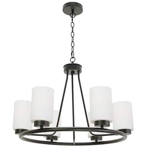 TODOLUZ 6-Lights Black Rustic Chandelier Wagon Wheel, 24.8'' Dining Room Light Fixtures Hanging with Opal White Glass for Foyer Living Room Kitchen