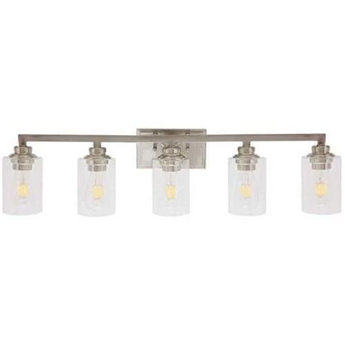 VINLUZ Industrial 5 Light Vanity Bathroom Light fixtures Brushed Nickel Modern Wall Lighting Sconces with Clear Glass Shade for Living Room Hallway