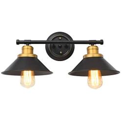 Pauwer 2 Light Bathroom Vanity Light Industrial Black Metal Shade Wall Sconce Light Fixture with Brass and Highlights Wall Lamp for Bathroom Kitchen Living Room