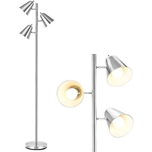 Tangkula 3-Light Floor Lamp, 64” Mid Century Modern 3 Light Tree, Standing Tall Pole Lamp with 3 LED Bulbs and Adjustable Heads, Reading Light for Living Room & Bedroom, 360 Lighting (Nickel)