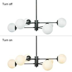 Lampundit Mid Century Modern 6 Light Chandelier, Matte Black Finish with Globe Glass Shade, Industrial Hanging Light Fixture for Living Room, Dining Room, Kitchen Island, Bulb Included, Dia 32.7 inch