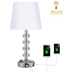 CLK Crystal Table Lamp with 2 USB Charging Ports, Modern Bedside Lamp with K9 Crystal, USB Table Lamp for Bedroom, Living Room, Children Room, Office (Bulb Included)