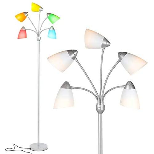 Brightech Medusa LED Floor Lamp - Multi Head Adjustable Tall Pole Standing Reading Lamp for Living Room, Bedroom, Kids Room - Includes 5 LED bulbs and 5 White & Colored Interchangeable Shades – Silver