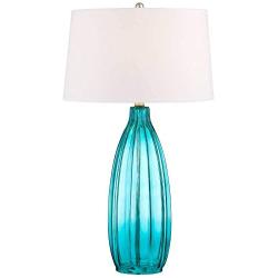 Stella Modern Table Lamp Clear Blue Fluted Glass White Drum Shade for Living Room Family Bedroom Bedside Nightstand - 360 Lighting