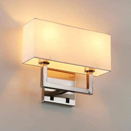 Permo 2-Lights Wall Sconce Light Fixture Nickle Brushed Finish with White Textile Shades and 2pcs On/Off Switch Button Living Room Bedside Nightstand Light