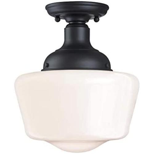 Westinghouse Lighting 6578300 Scholar 9 inch Vintage One-Light Semi-Flush Mount Outdoor Ceiling Light Fixture Textured Black Finish, White Opal Glass
