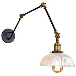 KWOKING Lighting Adjustable Wall Sconce Industrial Wall Sconce Lighting 3 Swing Arms Wall Sconce lamp with Dome Shade Vintage Ribbed Glass Light for Living Room, Bedroom, Dining Room (Black)