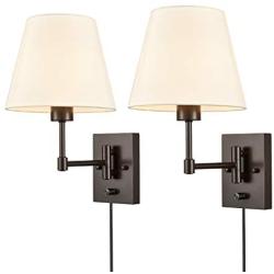 Traditonal 2 Pack Plug in Wall Lights Fabric Shade Swing Arm Wall Lamps Dark Brown