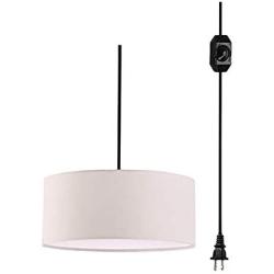 ANYE 15ft Plug-in UL On/Off Dimmer Switch Cord 1-Light Woven White Burlap Linen Drum Shade Cafe Lights for Dining Room Cafe Restaurant Bulbs Not Included　TB0945-4.5M