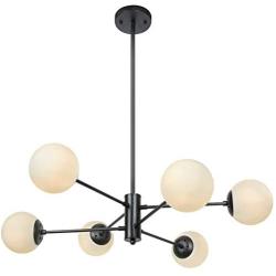 Lampundit Mid Century Modern 6 Light Chandelier, Matte Black Finish with Globe Glass Shade, Industrial Hanging Light Fixture for Living Room, Dining Room, Kitchen Island, Bulb Included, Dia 32.7 inch