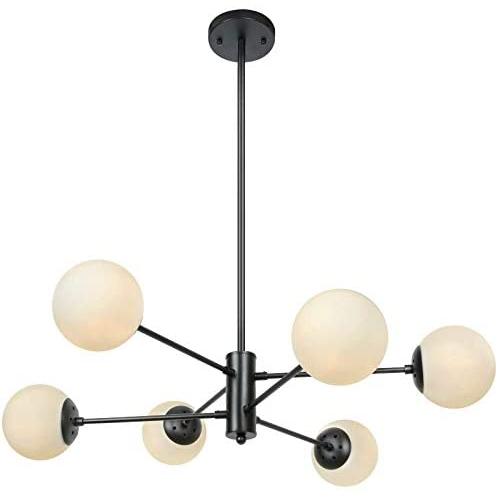 Lampundit Mid Century Modern 6 Light Chandelier, Matte Black Finish with Globe Glass Shade, Industrial Hanging Light Fixture for Living Room, Dining Room, Kitchen Island, Bulb Included, Dia 32.7 inch
