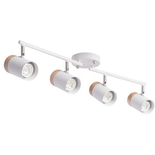 TeHenoo Adjustable Track Lighting Kit, 4-Lights Ceiling Light GU10 Bulb with Metal and Wood Shade for Living Room, Kitchen, Utility Room (White)