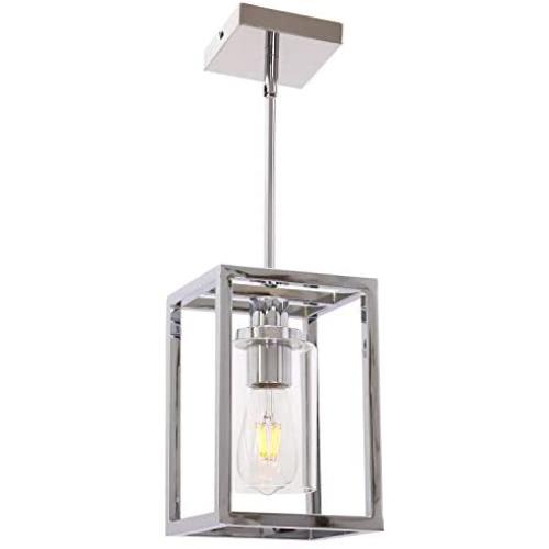 VINLUZ Pendant Lighting 1-Light Chrome Finished Square Modern Dining Room Lighting Fixture Hanging Ceiling with Clear Glass Shade Contemporary Mini Chandeliers Ceiling Lamp for Kitchen Island Hallway