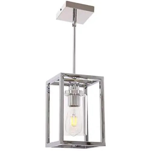 VINLUZ Pendant Lighting 1-Light Chrome Finished Square Modern Dining Room Lighting Fixture Hanging Ceiling with Clear Glass Shade Contemporary Mini Chandeliers Ceiling Lamp for Kitchen Island Hallway