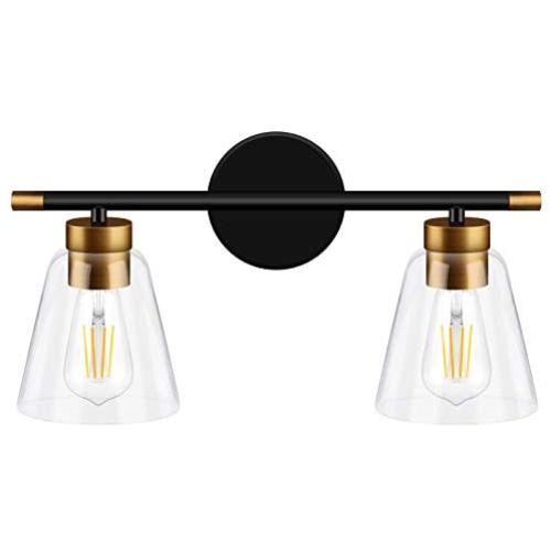 2-Light Vanity Lights Fixtures, Bathroom Lights Wall Mounted, Modern Wall Sconces Lighting, Matte Black Wall Light with Brass Accent Socket, Wall Lamp for Mirror Cabinets, Powder Room, Dressing Table