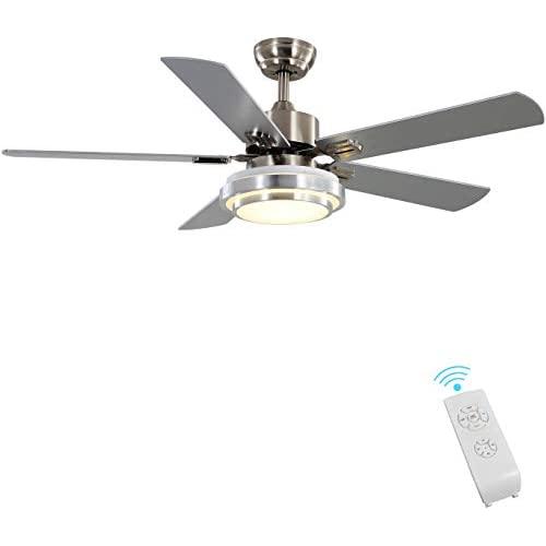 Indoor Ceiling Fan Light Fixtures - FINXIN Brushed Nickel Remote LED 52 Ceiling Fans For Bedroom,Living Room,Dining Room Including Motor,5-Blades,Remote Switch