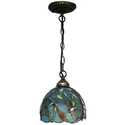 LITFAD Turquoise Dragonfly Hanging Lamp Tiffany Style Stained Glass 1 Head Suspended Light 8'' Wide Pendant Light Chandelier for Kitchen Island Barn Restaurant Hotel