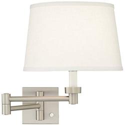 Modern Swing Arm Wall Lamp Brushed Nickel Plug-in Light Fixture White Linen Tapered Drum Shade for Bedroom Bedside Living Room Reading - Possini Euro Design