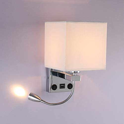 ALLOMN Bedside Wall Light, LED Reading Wall Lamp Modern Polished Chrome Wall Lamp with Adjustable Gooseneck Spotlight, Double Switches, with USB Port to Charge E27 (with USB, 1 PCS)