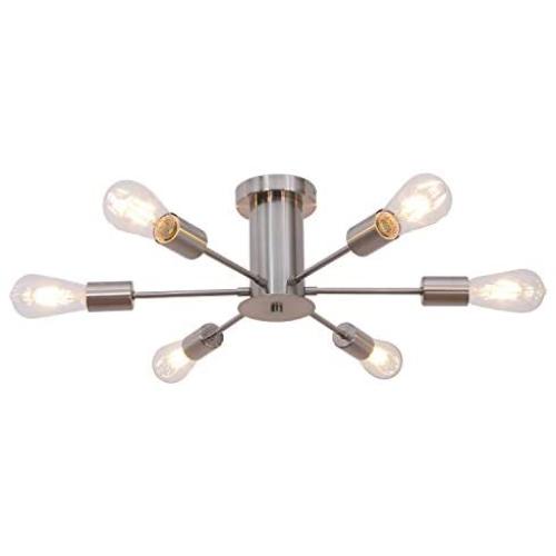 VINLUZ 6 Lights Modern Sputnik Chandelier Brushed Nickel Flush Mount Ceiling Light Contemporary Chandelier for Dining Room Living Room Kitchen