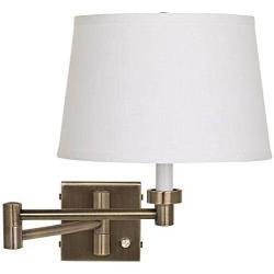 Modern Swing Arm Wall Lamp Antique Brass Plug-in Light Fixture White Linen Drum Shade for Bedroom Bedside Living Room Reading - Barnes and Ivy