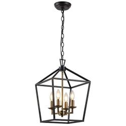 HUESLITE Farmhouse Chandelier, Vintage Foyer Lantern, 4 Light Pendant Light for Kitchen Island (Black+Gold)