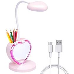 LED Desk Lamp for Kids, Small Desk Lamp with USB Charging Port & Pen Holder and Phone Stand, Cute Lamp with 2 Color Modes,Eye-Caring Study Table Lamp Pink for Girls College Dorm Bedroom Reading